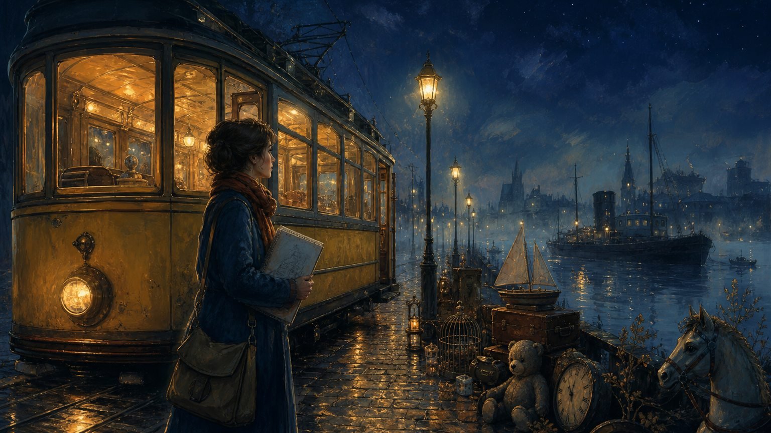 Eine alte gelbe Straßenbahn steht nachts an einem stillen Hafen zwischen Laternen und Nebel
