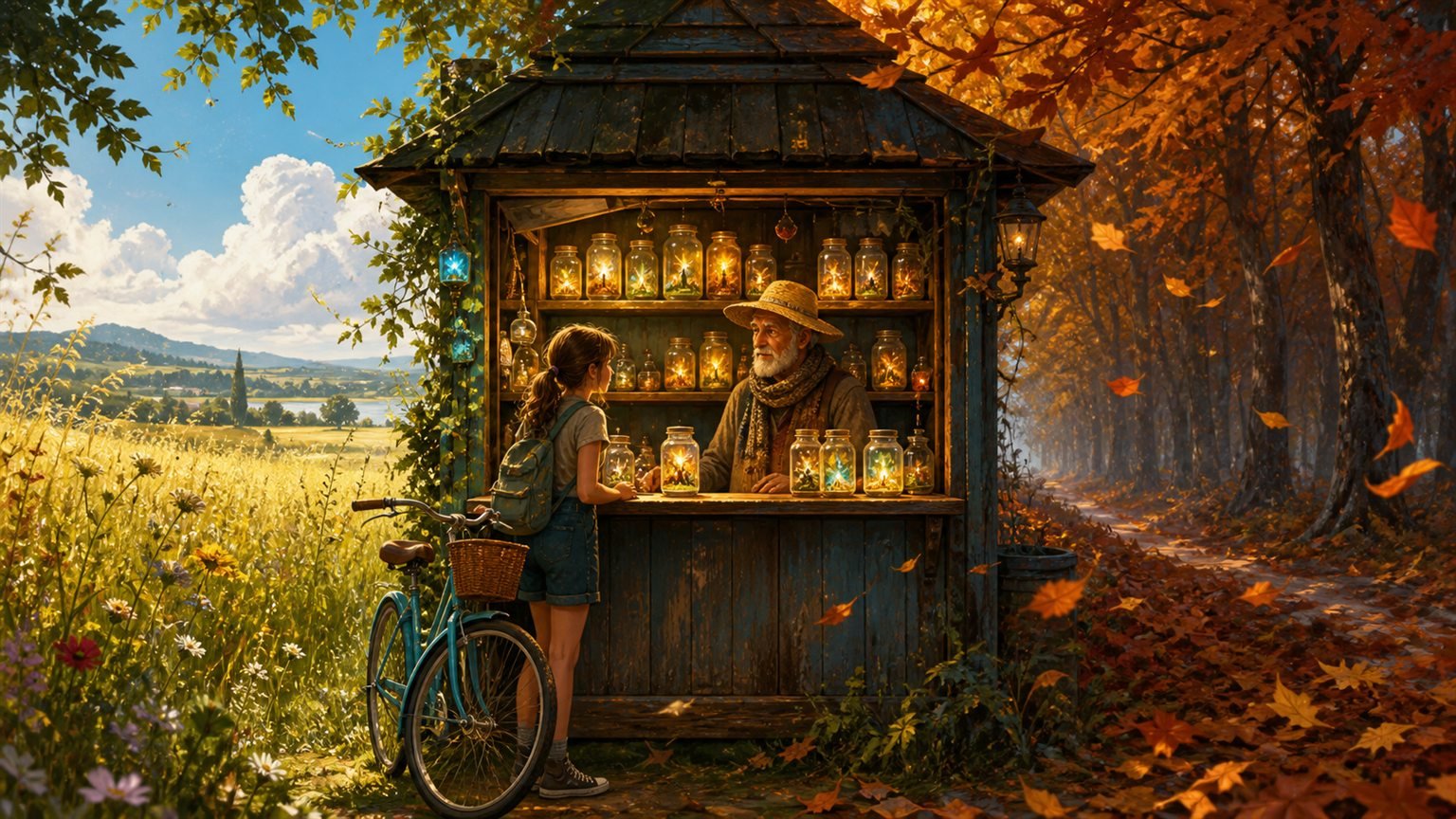 Ein kleiner bunter Kiosk steht zwischen einem sommerlichen Feld und einem herbstlichen Wald