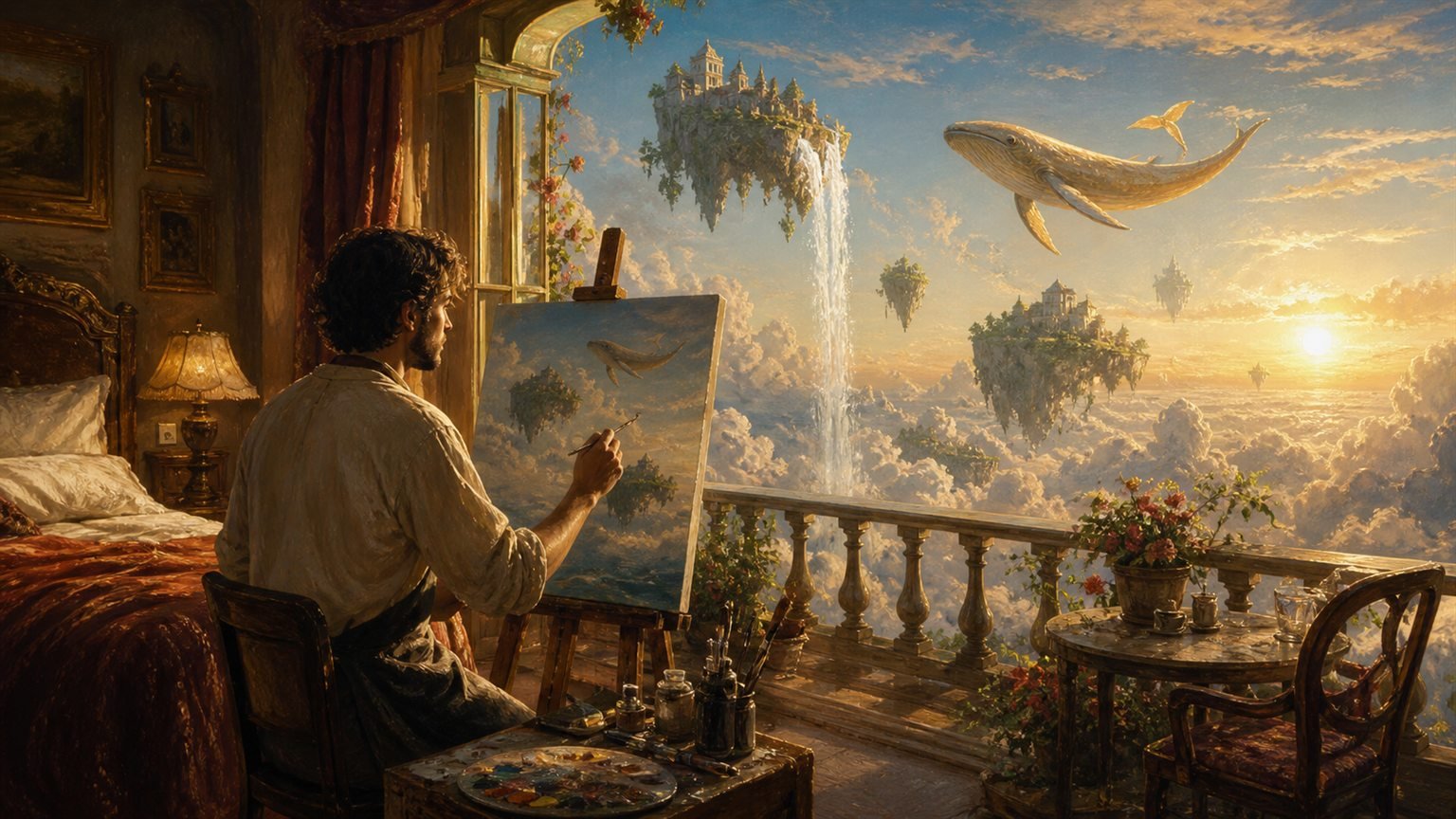 Ein gemütliches Hotelzimmer schwebt über Wolken, vor dem Fenster liegen fantastische Landschaften