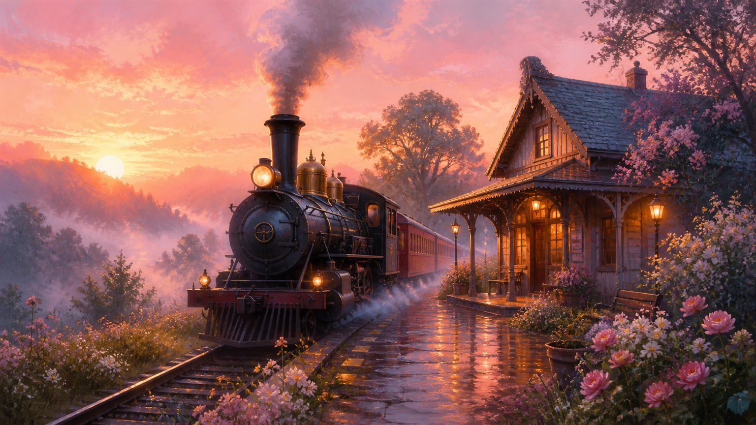 Ein kleiner Bahnhof leuchtet im rosa Morgenlicht, eine Dampflok wartet zwischen Blumen und Nebel