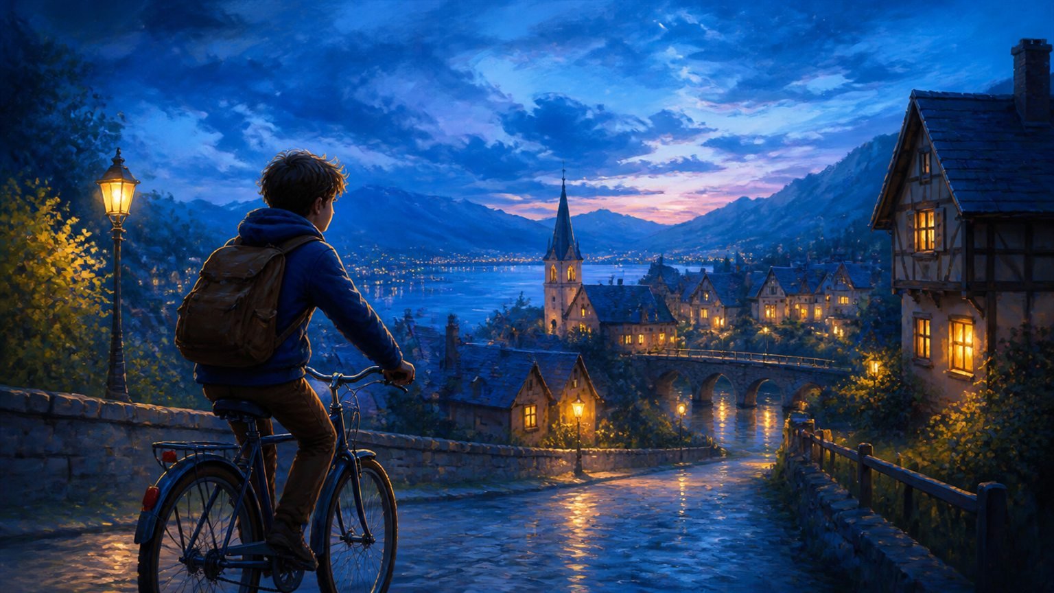 Ein Radfahrer fährt in der tiefblauen Dämmerung durch ein stilles Dorf mit leuchtenden Fenstern