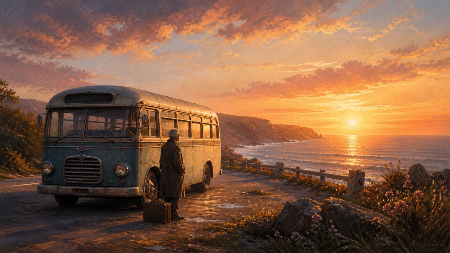 Ein alter Linienbus hält bei Sonnenuntergang an einer einsamen Küstenstraße vor dem Meer
