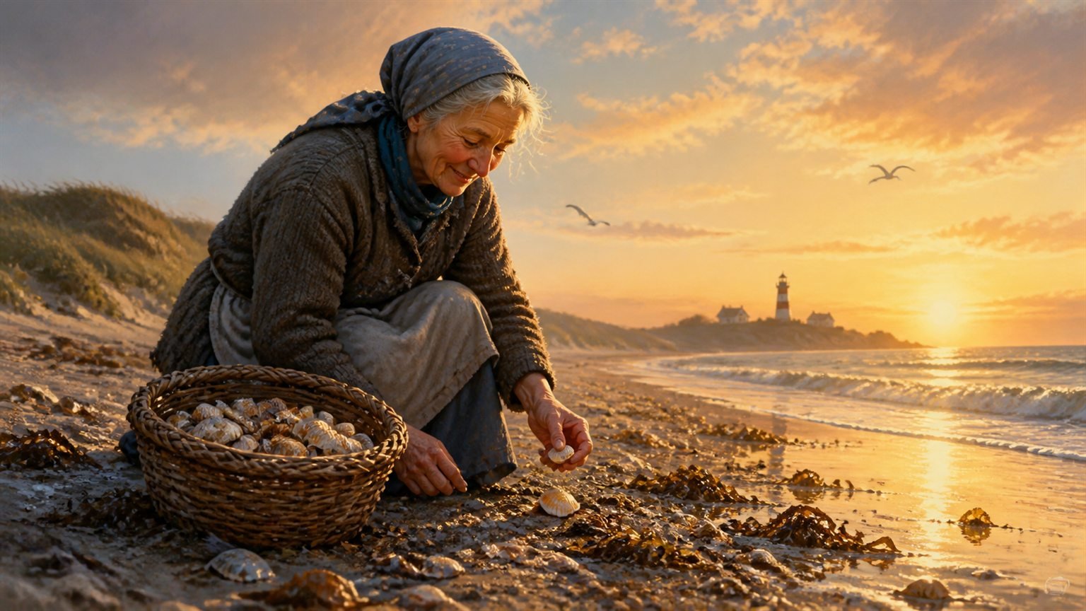 Eine ältere Frau sammelt bei Sonnenaufgang Muscheln an einem weiten nordfriesischen Strand