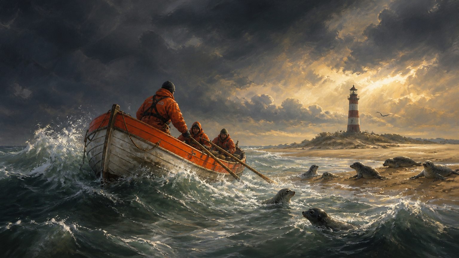Ein kleines Rettungsboot kämpft im Sturm nahe einer Sandbank mit Seehunden und dunklen Wolken