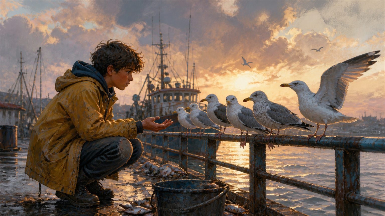 Ein Junge verhandelt am Hafen mit einer Reihe Möwen auf einem Geländer, Fischkutter im Hintergrund