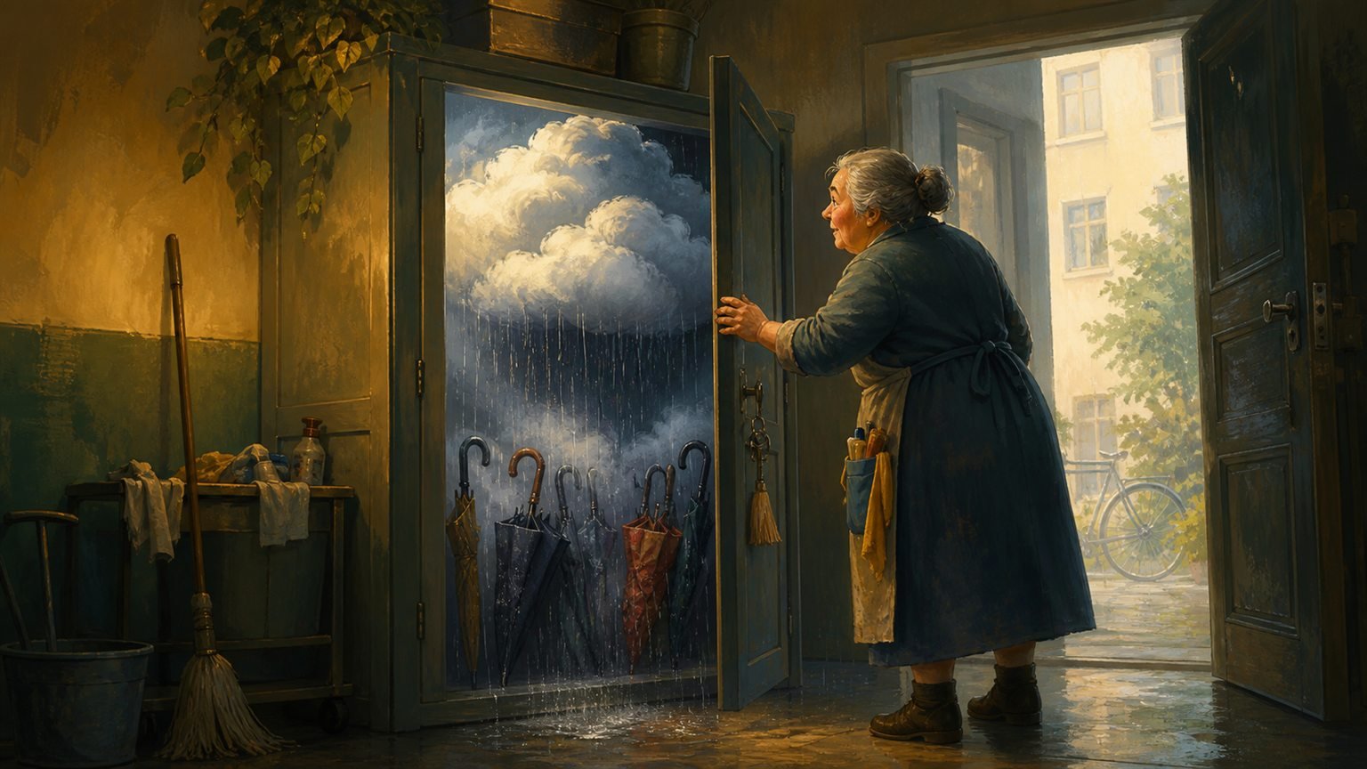Eine ältere Hausmeisterin öffnet einen Schrank, aus dem Wolken und sanfter Regen quellen