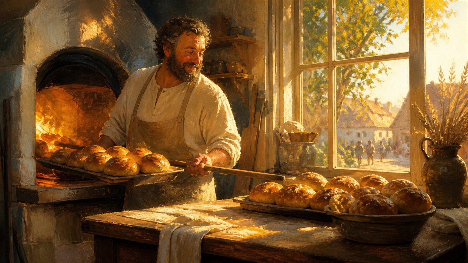 Ein gemütlicher Bäcker holt goldene Brötchen aus dem Ofen, durch das Fenster fällt Sonntagssonne