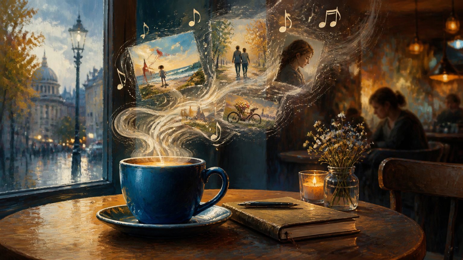 Auf einem Café-Tisch steht eine blaue Tasse, aus deren Dampf Noten und kleine Erinnerungsbilder steigen