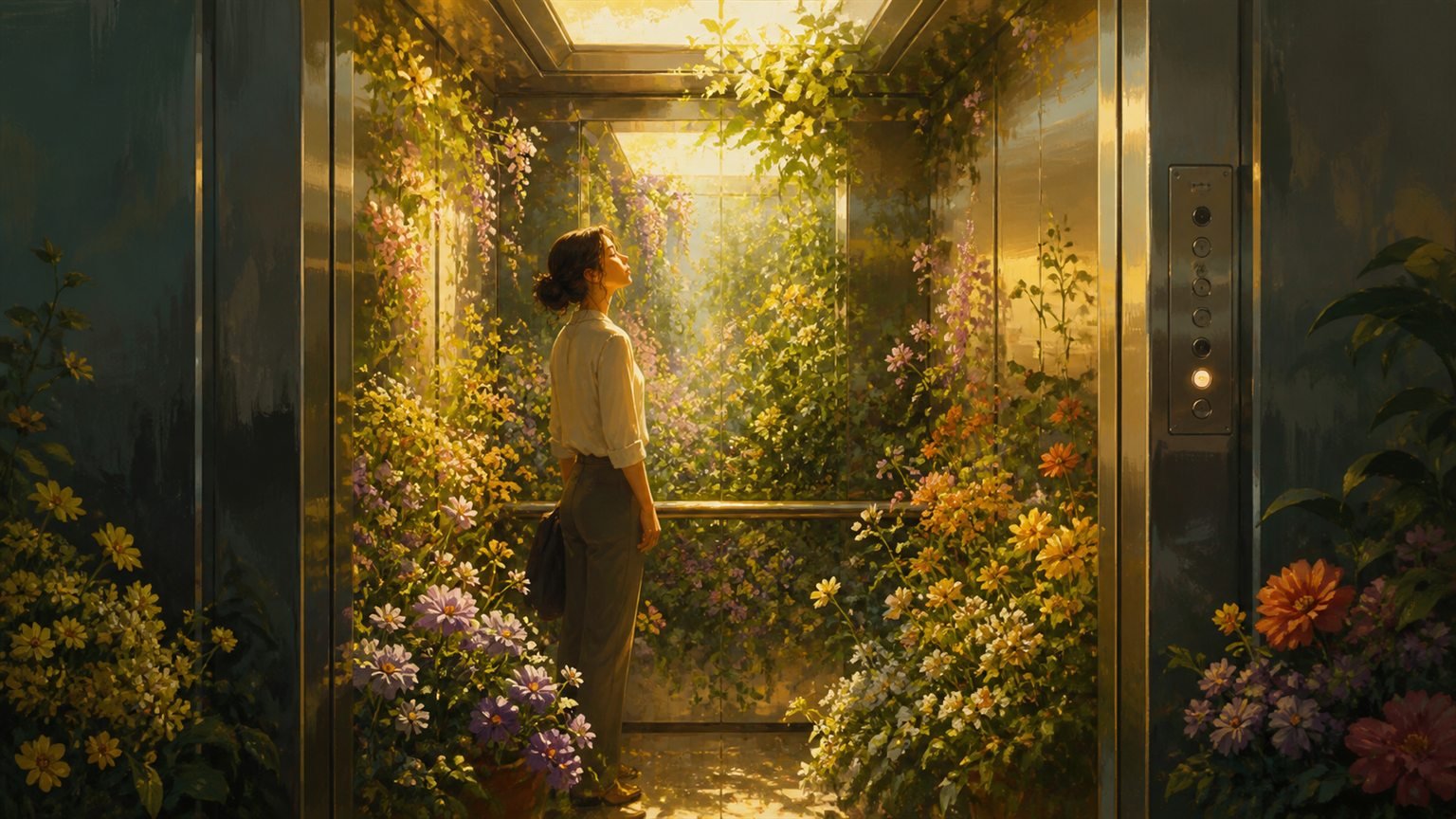 Ein moderner Bürofahrstuhl ist voller Blumen, Ranken und warmem Sonnenlicht