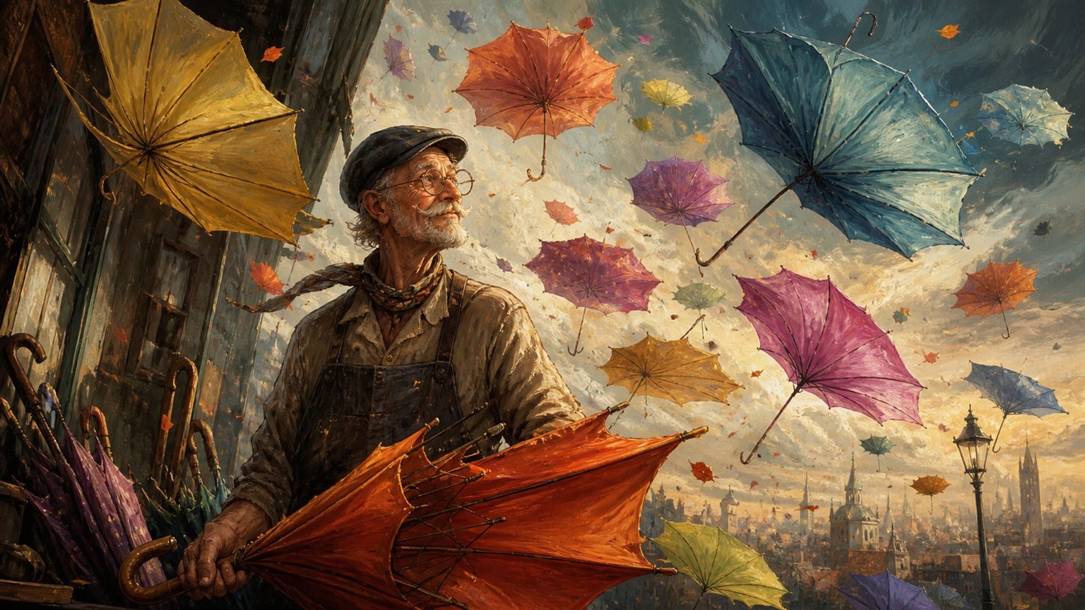Ein alter Schirmmacher steht zwischen bunten Regenschirmen, die im starken Wind wie Blumen aufgehen
