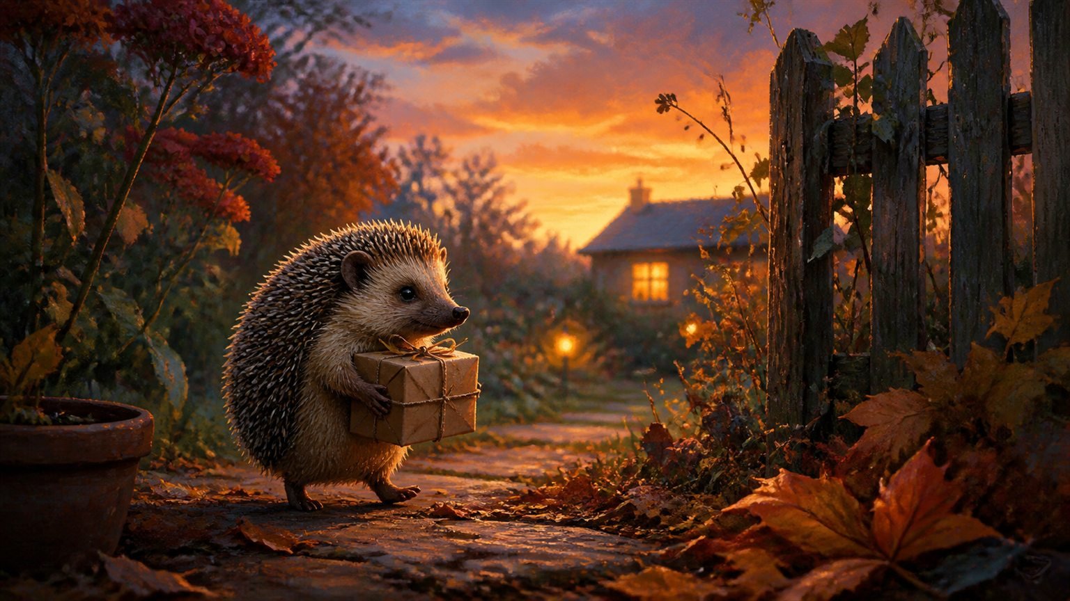 Ein Igel trägt bei Dämmerung ein kleines Paket durch einen herbstlichen Gartenweg