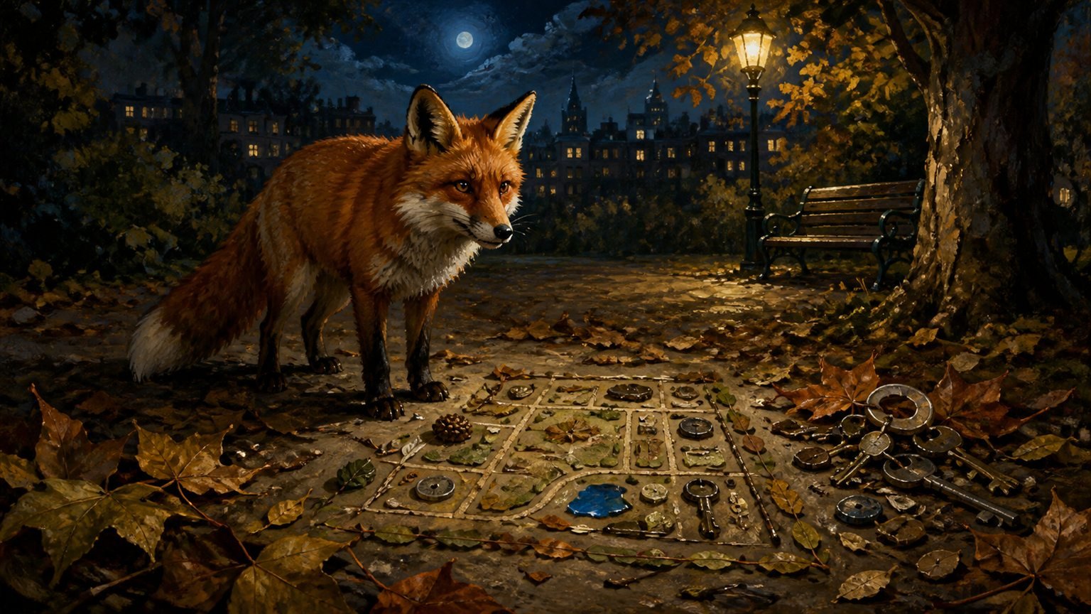 Ein roter Fuchs steht nachts im Stadtpark zwischen Blättern, Schlüsseln und einer aus Fundstücken gelegten Karte