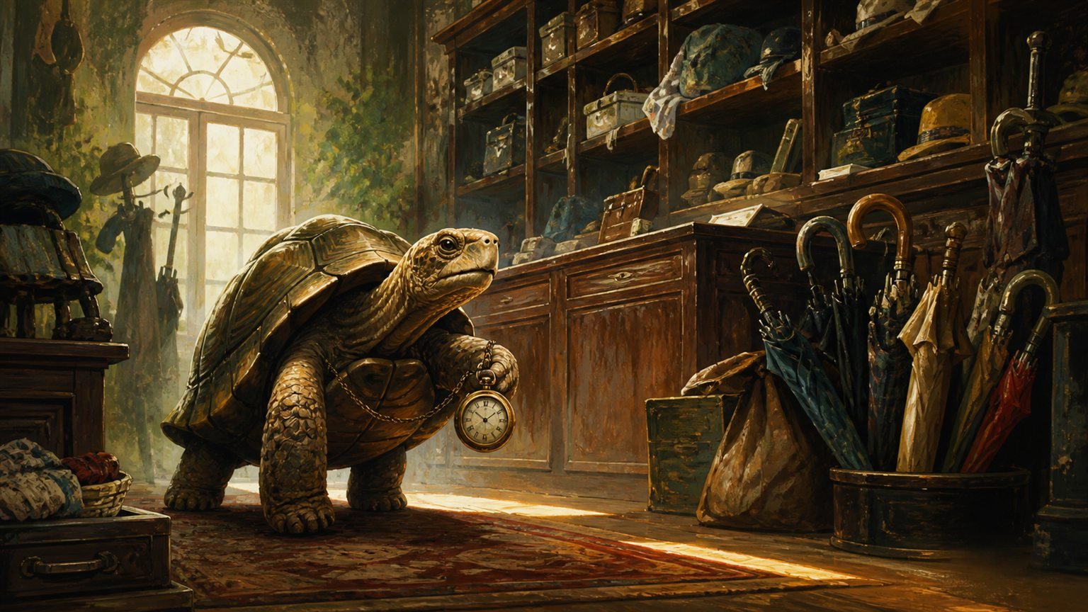 Eine alte Schildkröte trägt eine Taschenuhr durch ein Fundbüro voller Regale und Schirme