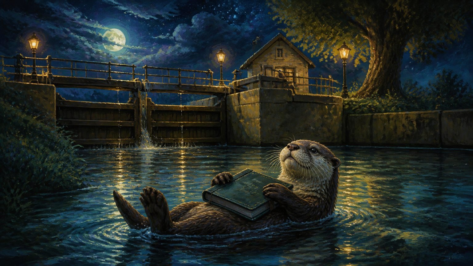 Ein neugieriger Otter schwimmt nachts neben einer Schleuse und trägt ein Buch auf dem Bauch