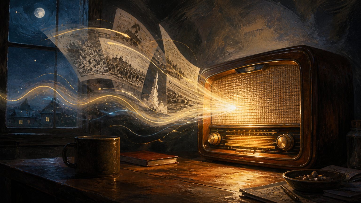 Ein altes Röhrenradio leuchtet nachts, aus dem Lautsprecher schweben Zeitungsschlagzeilen und Lichtwellen