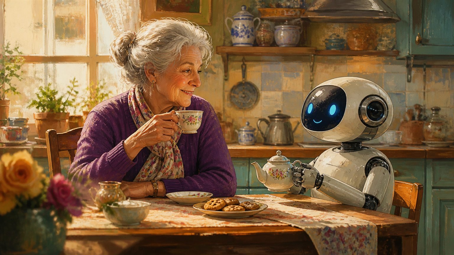 Eine ältere Frau trinkt Tee mit einem kleinen freundlichen Haushaltsroboter in einer gemütlichen Küche
