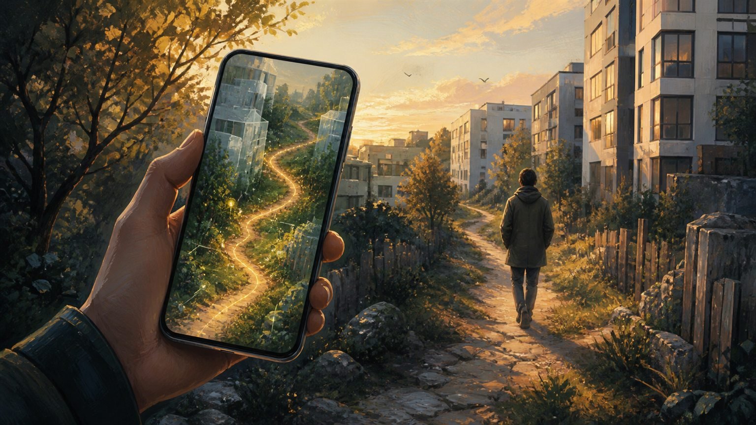 Ein Smartphone zeigt eine leuchtende Karte mit einem alten Fußweg durch moderne Häuser