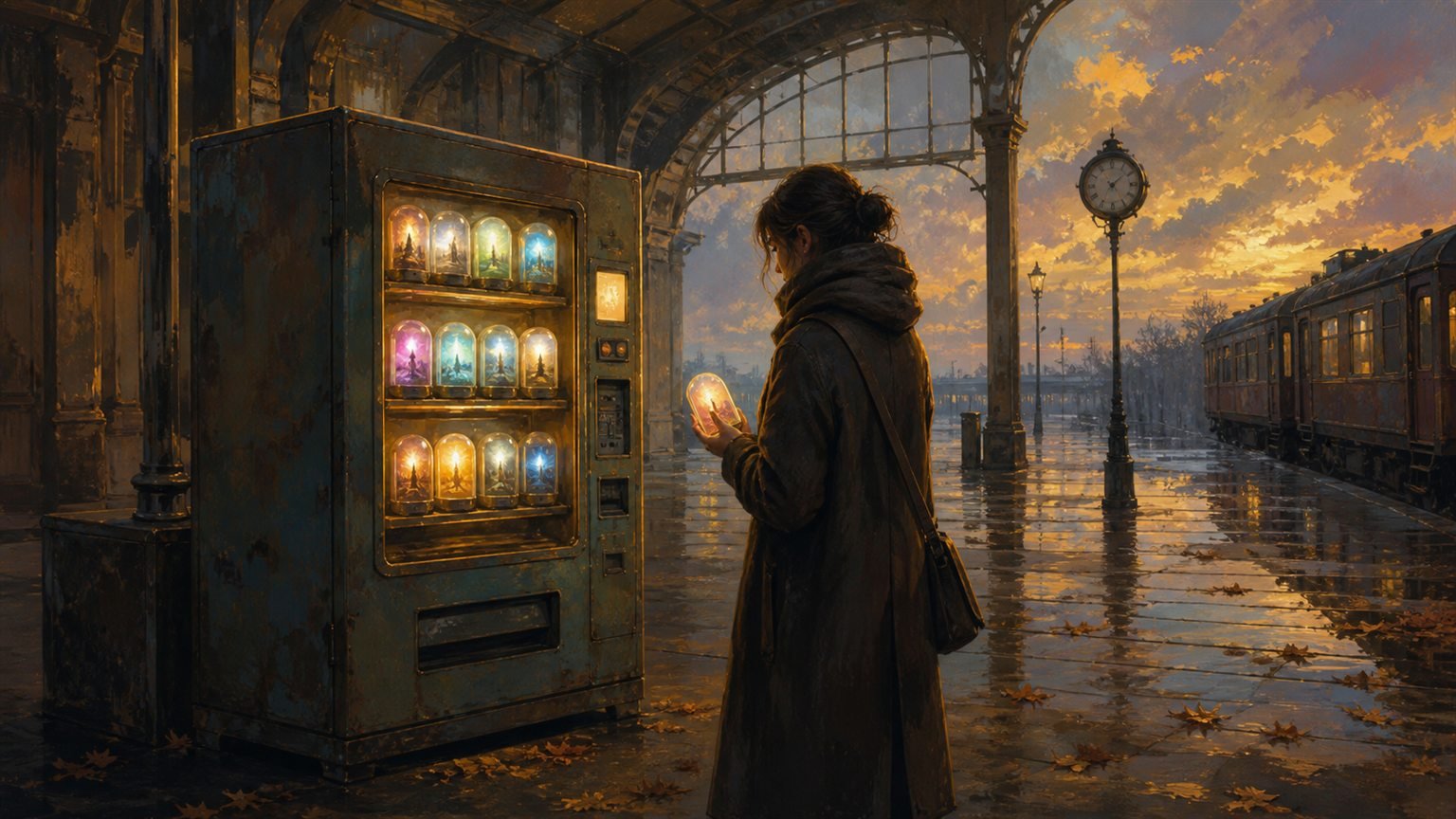 Ein geheimnisvoller Automat bietet leuchtende Erinnerungskapseln an einem verlassenen Bahnhof an