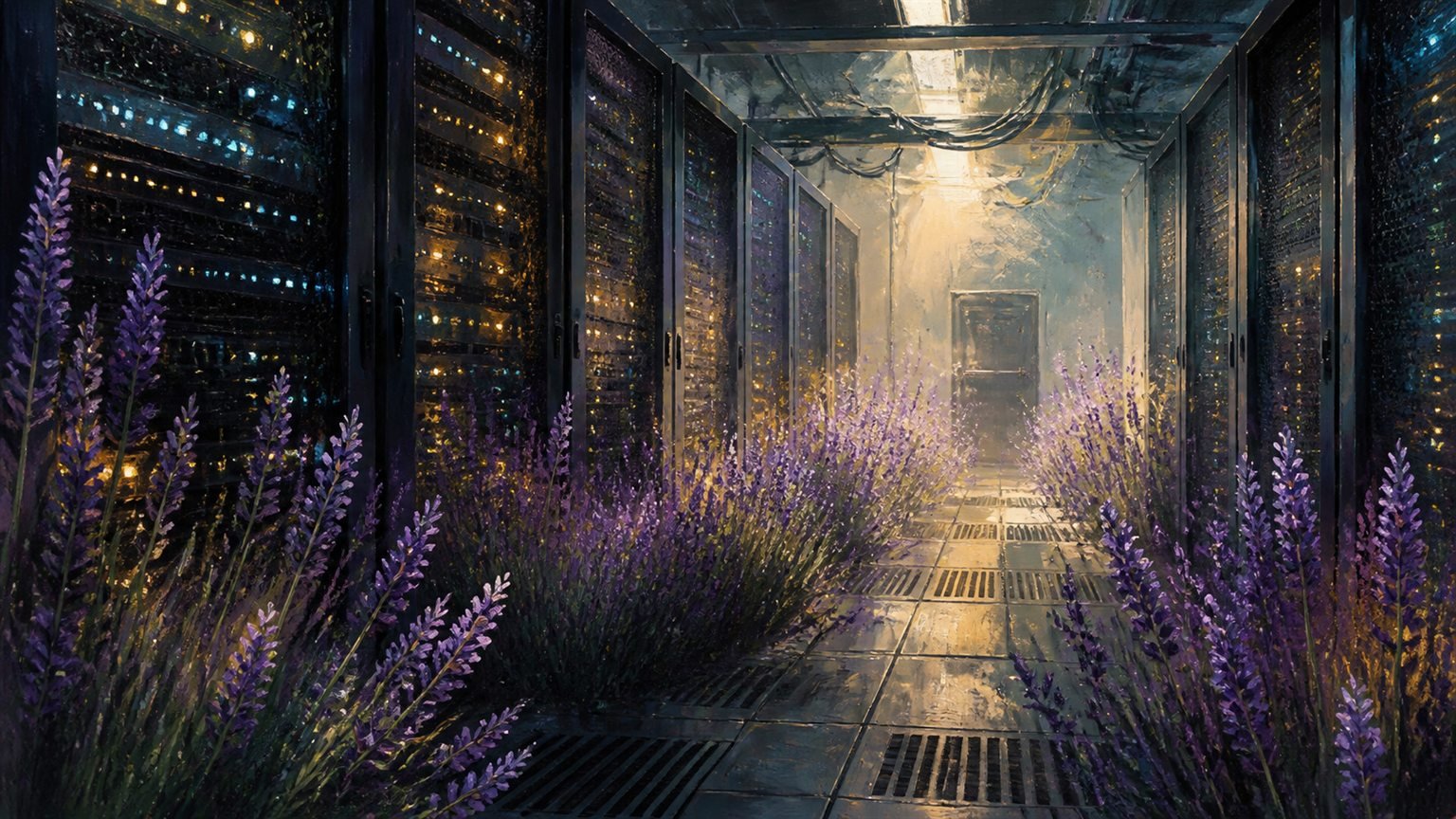 Violetter Lavendel wächst zwischen leuchtenden Serverracks in einem kühlen Rechenzentrum