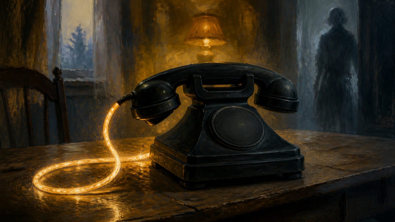 Ein altes schwarzes Telefon ohne Nummern steht auf einem Tisch, das Kabel leuchtet geheimnisvoll
