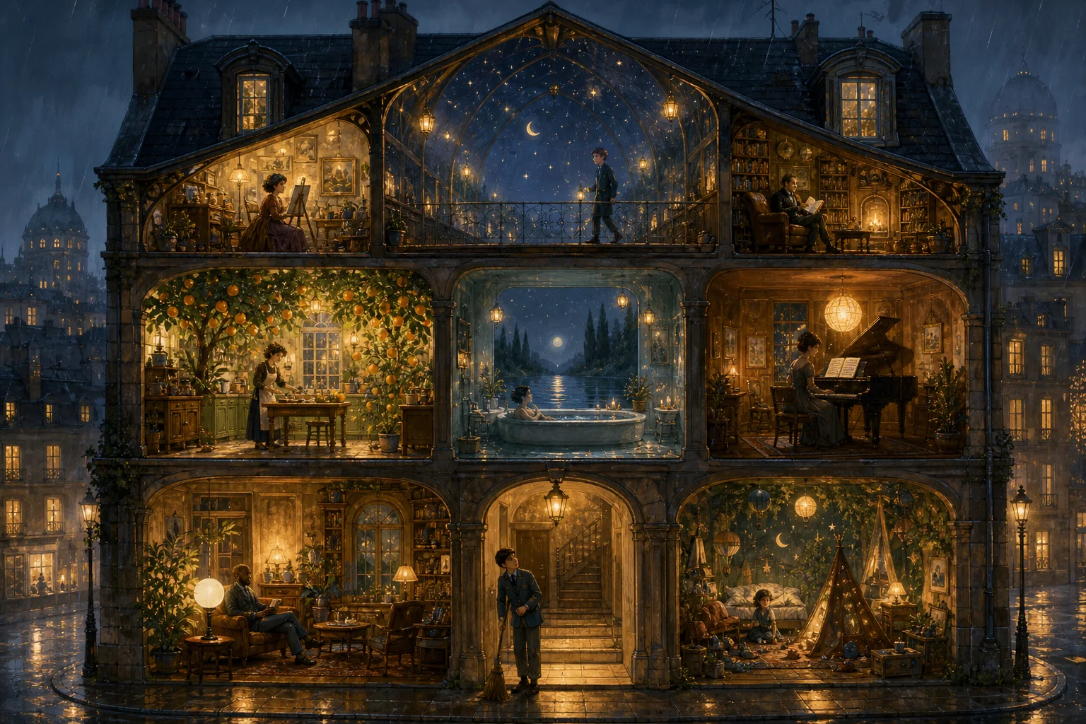 Ein fantasievolles Mietshaus mit verwandelten Zimmern in einer regnerischen Stadt