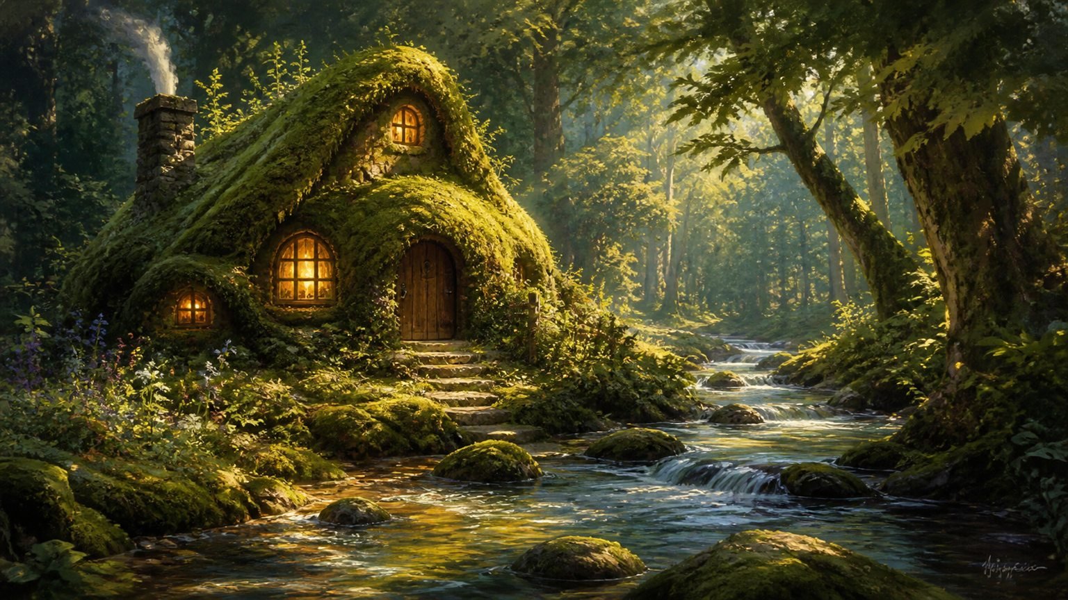 Ein kleines verwunschenes Haus aus grünem Moos steht an einem klaren Waldbach