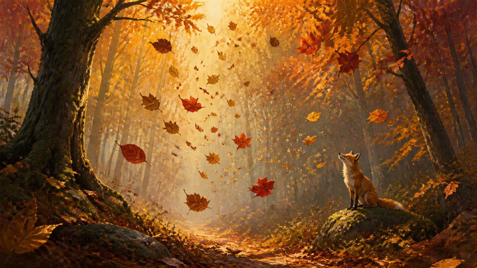 In einem herbstlichen Wald schweben bunte Blätter vom Boden rückwärts hinauf zu den Ästen