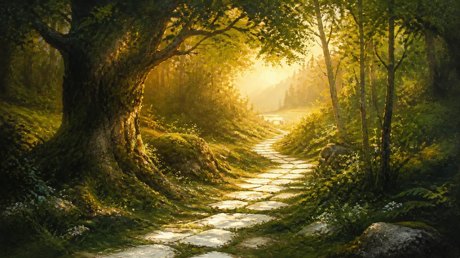 Ein geheimnisvoller Pfad aus weißen Steinen führt durch einen grünen Wald in goldenes Licht