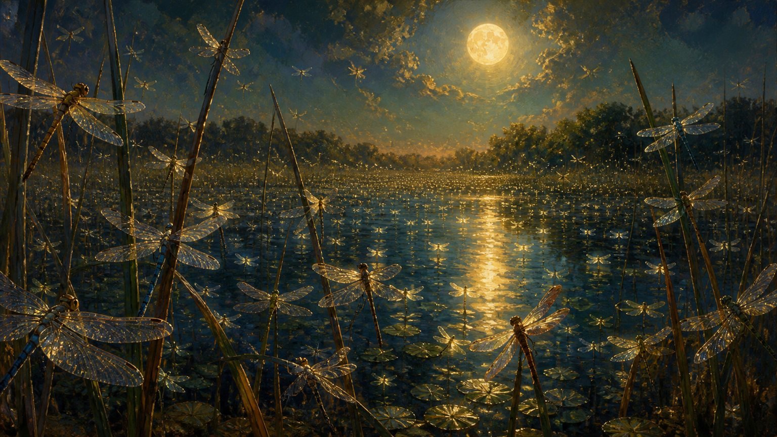 Hunderte Libellen ruhen im Mondlicht an Schilfhalmen über einem stillen Teich