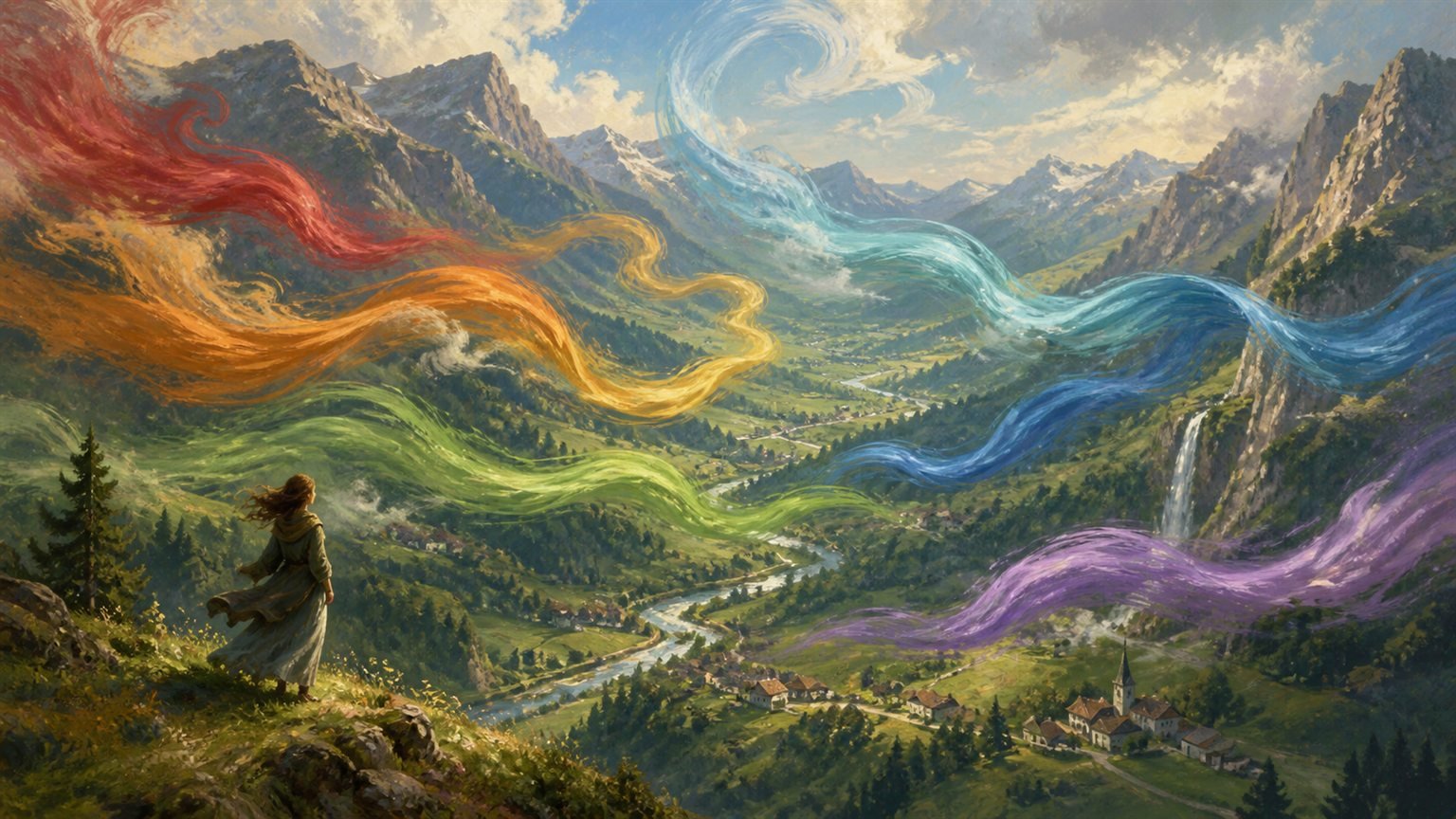 Sieben farbige Windströme ziehen durch ein weites grünes Bergtal mit kleinen Dörfern