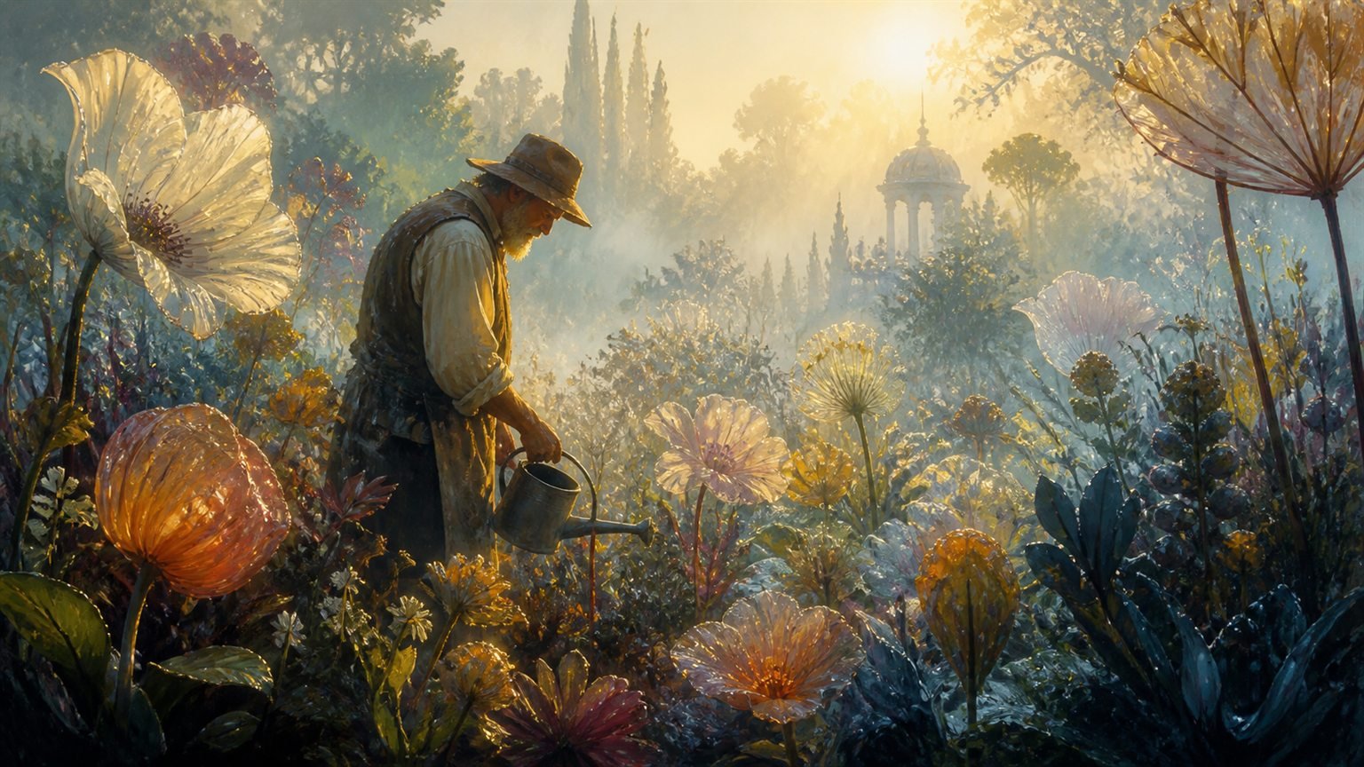 Ein Gärtner pflegt im Morgennebel einen fantastischen Garten mit durchscheinenden Pflanzen