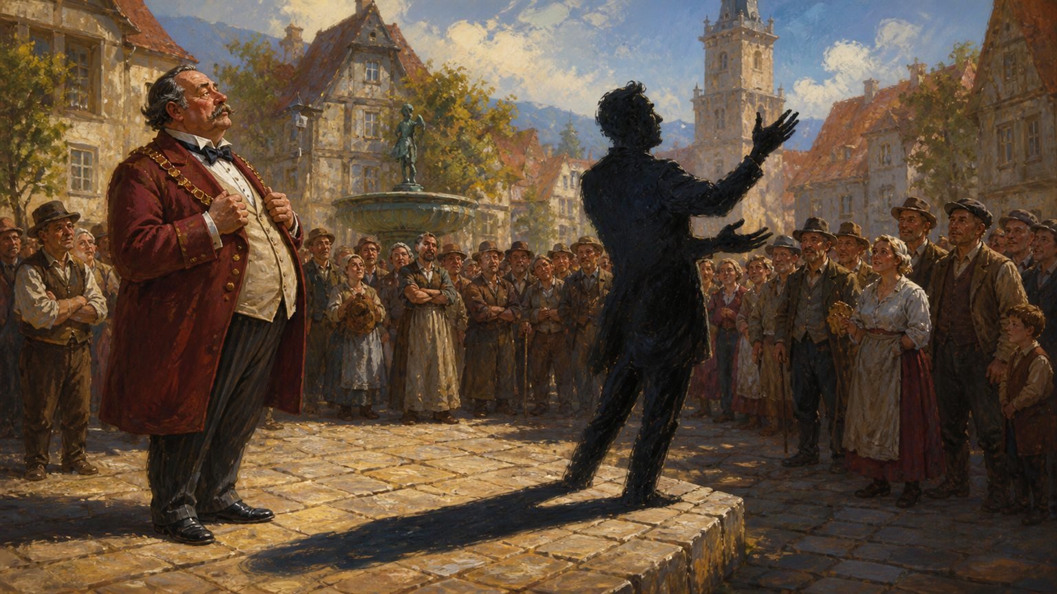Ein Bürgermeister steht auf dem Marktplatz, während sein Schatten selbstständig vor einer Menge spricht