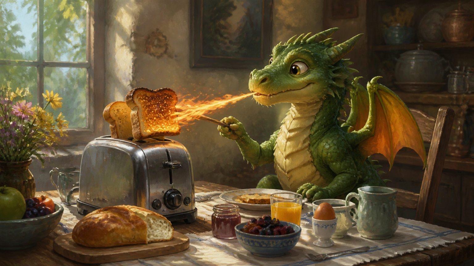 Ein kleiner grüner Drache sitzt am Frühstückstisch und röstet Toast mit einem winzigen Feuerstoß