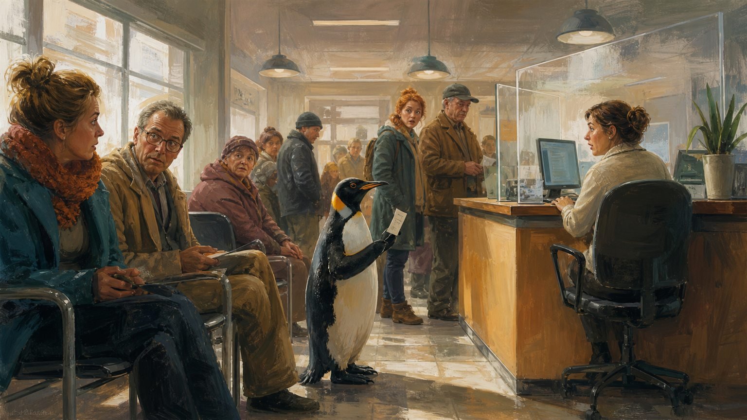 Ein Pinguin steht mit einer Wartemarke zwischen überraschten Menschen in einem deutschen Bürgerbüro