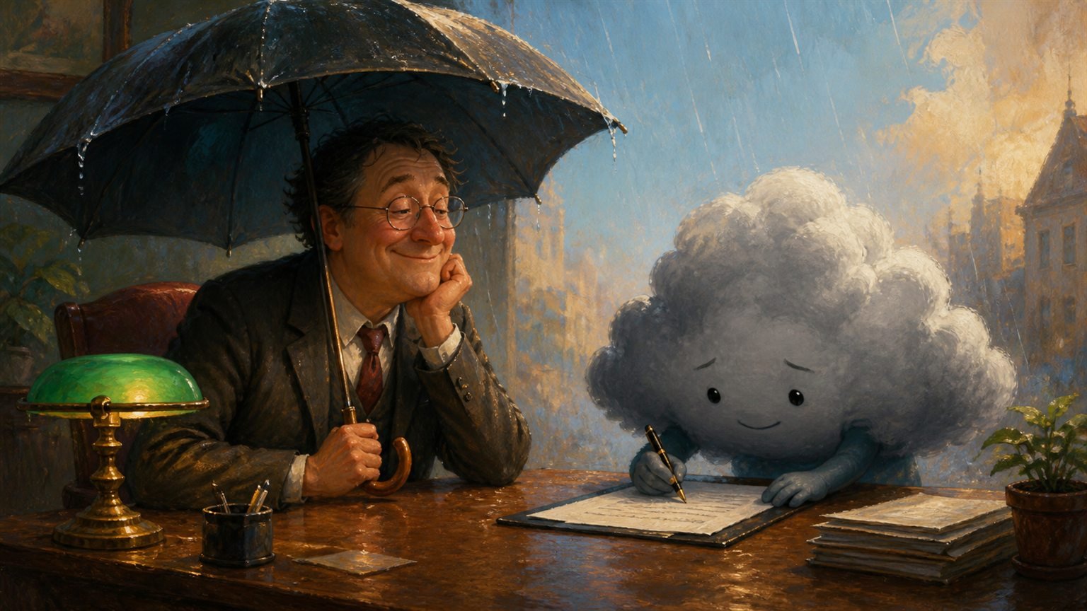 Ein Versicherungsmakler sitzt unter einem Regenschirm, während eine kleine Regenwolke ein Formular ausfüllt