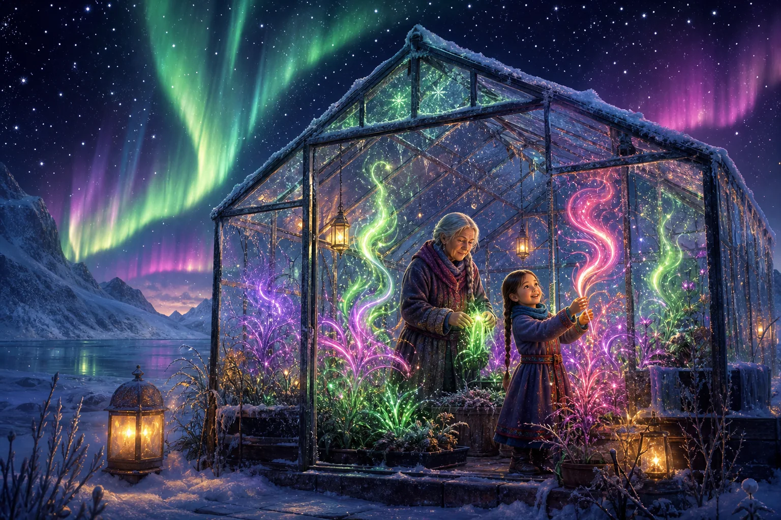 Ein Gärtner und ein Kind pflegen leuchtende Nordlichtpflanzen in einem verschneiten Gewächshaus