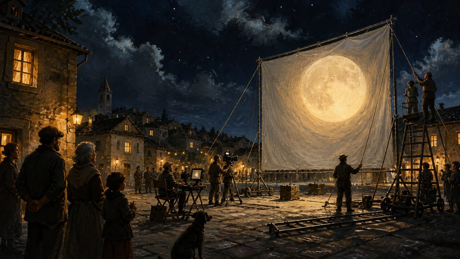 Ein Dorfplatz liegt dunkel, während ein Filmteam den hellen Vollmond mit einer riesigen Leinwand einfängt
