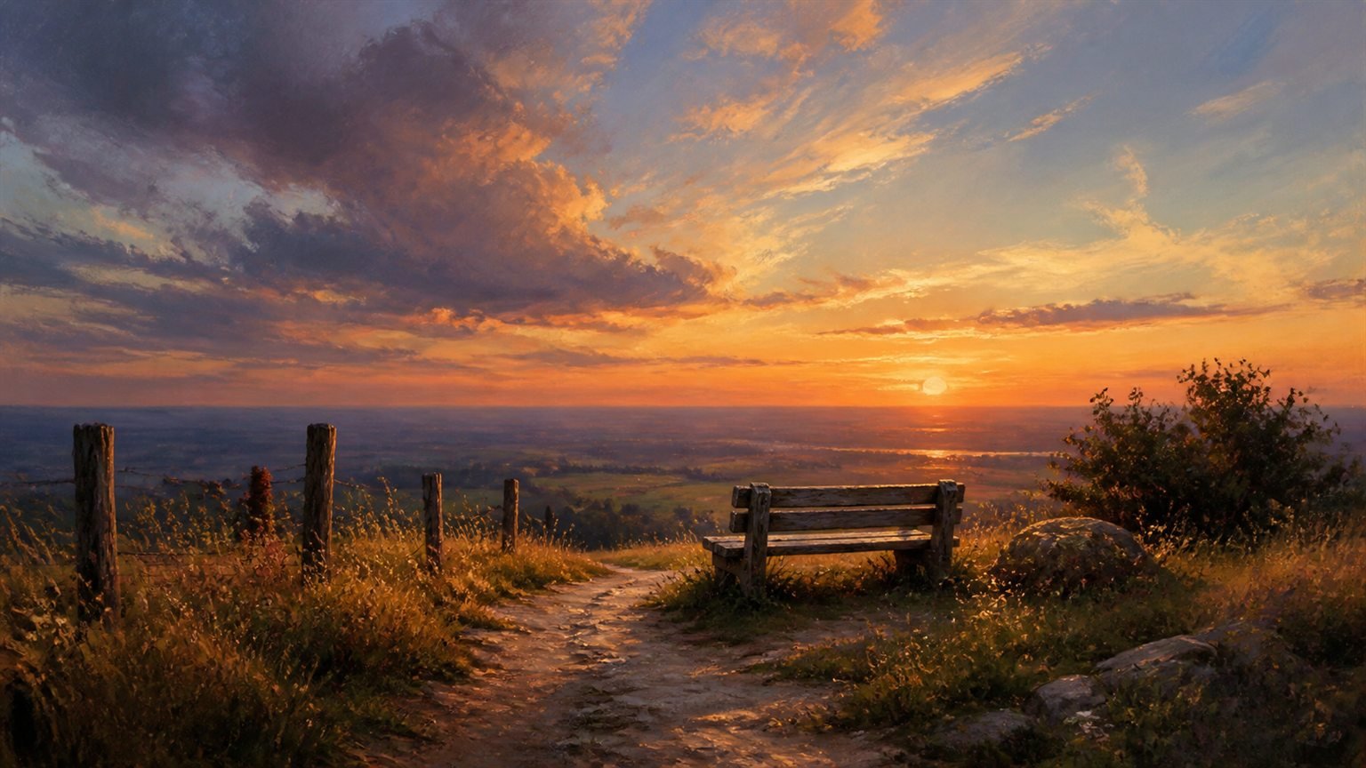 Eine alte Holzbank steht am Ende eines Feldwegs unter einem weiten Abendhimmel
