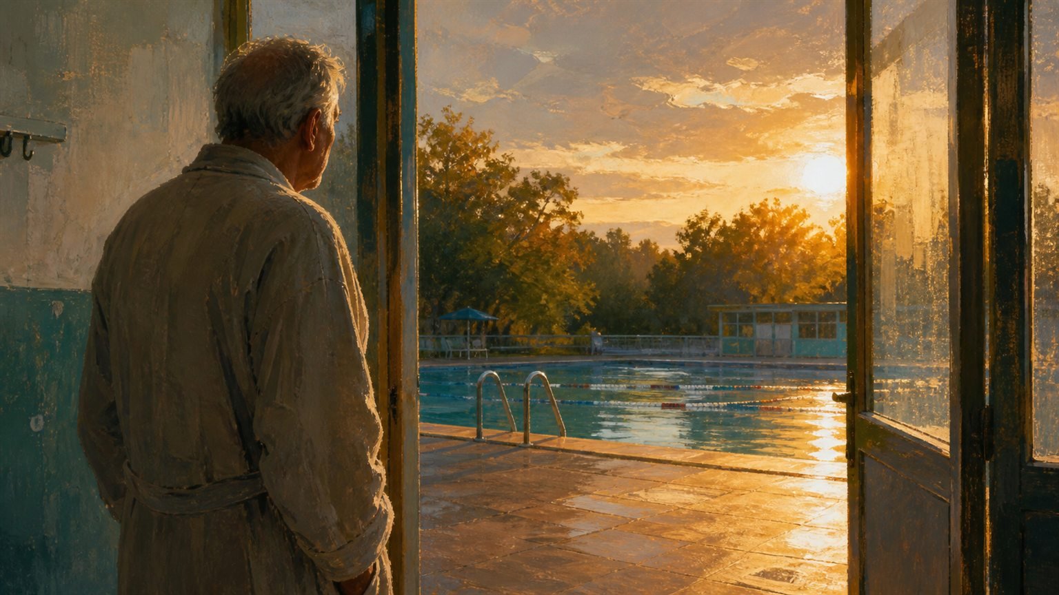 Ein älterer Mann steht am späten Nachmittag zögernd vor der offenen Tür eines Schwimmbads