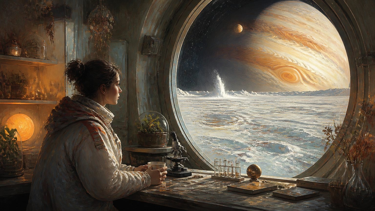 Eine Forscherin steht in einer Station auf dem eisigen Jupitermond Europa, draußen leuchtet Jupiter