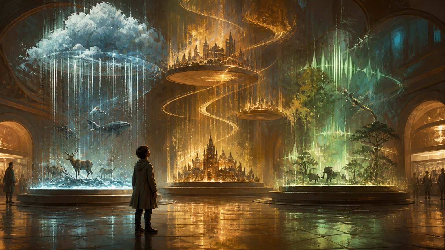 Ein futuristisches Museum zeigt schwebende Klangwellen von Regen, Tieren und alten Städten