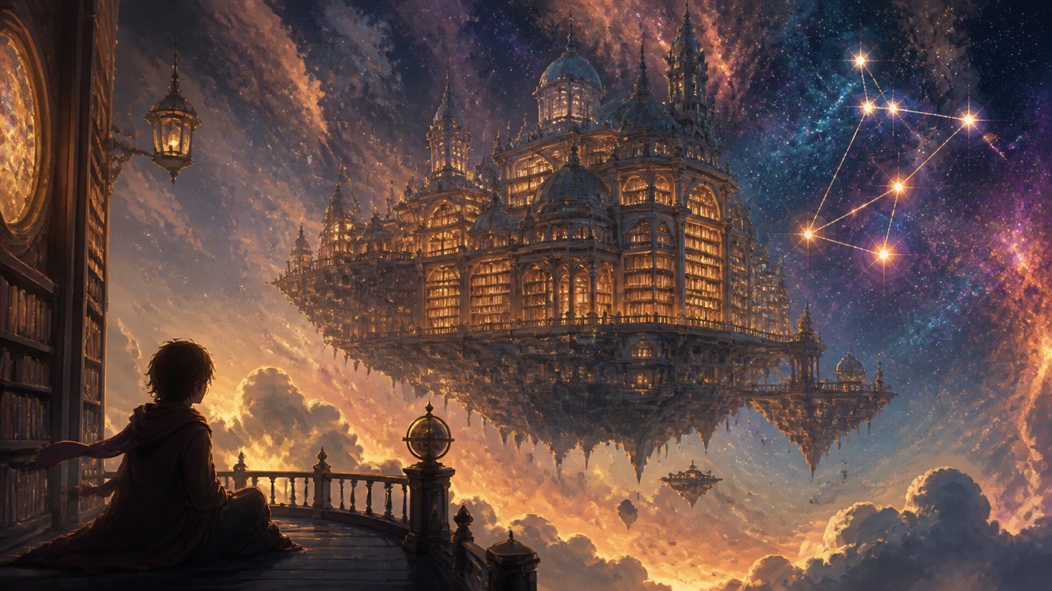 Eine riesige schwebende Bibliothek liegt zwischen Sternen hinter dem Sternbild Orion