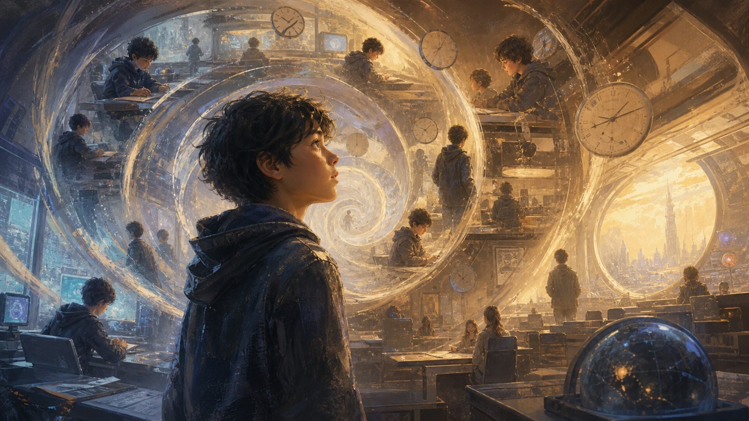 Ein Junge steht in einem futuristischen Klassenzimmer, während Uhren und Szenen sich kreisförmig wiederholen