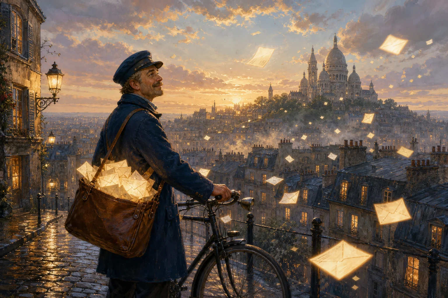 Ein Briefträger auf dem Montmartre mit schwebenden Briefen im Pariser Morgenlicht
