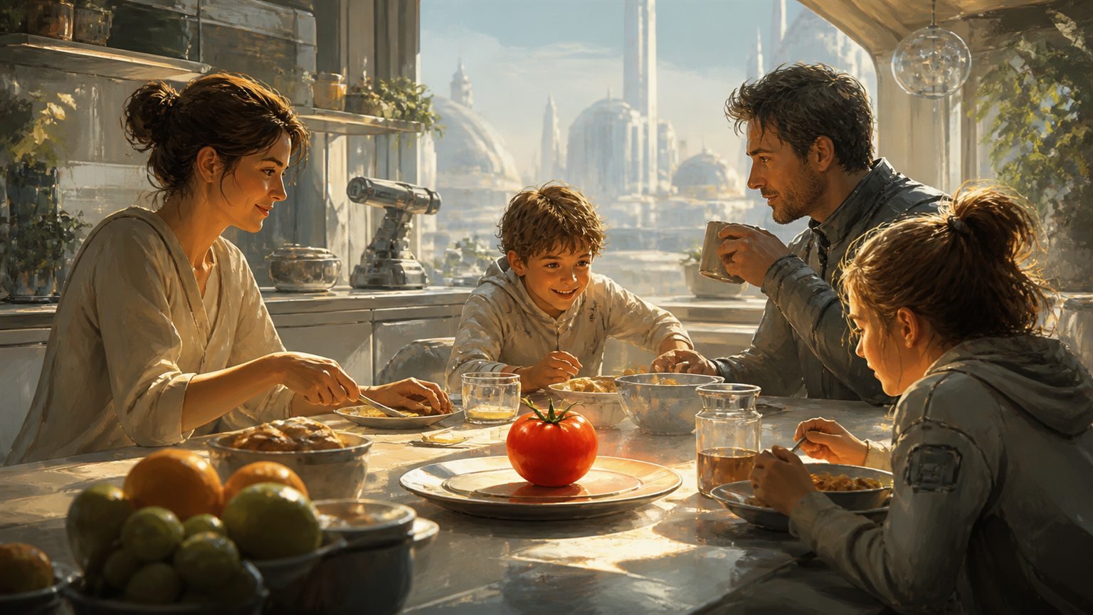 Eine Familie frühstückt in einer hellen Zukunftsküche, in der Mitte liegt eine leuchtend rote echte Tomate