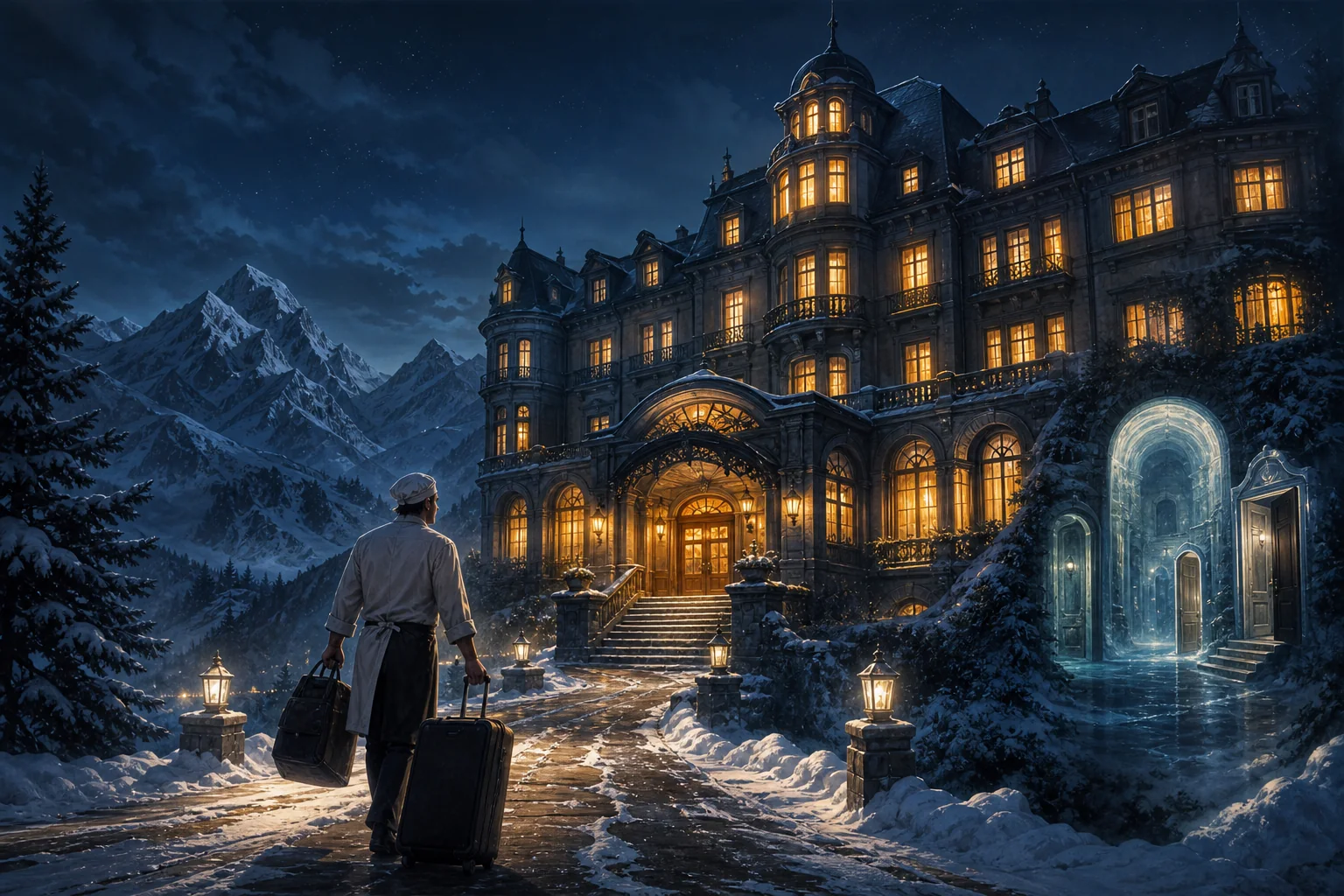 Ein geheimnisvolles Hotel in den Bergen mit warm erleuchteten Fenstern im Schneesturm