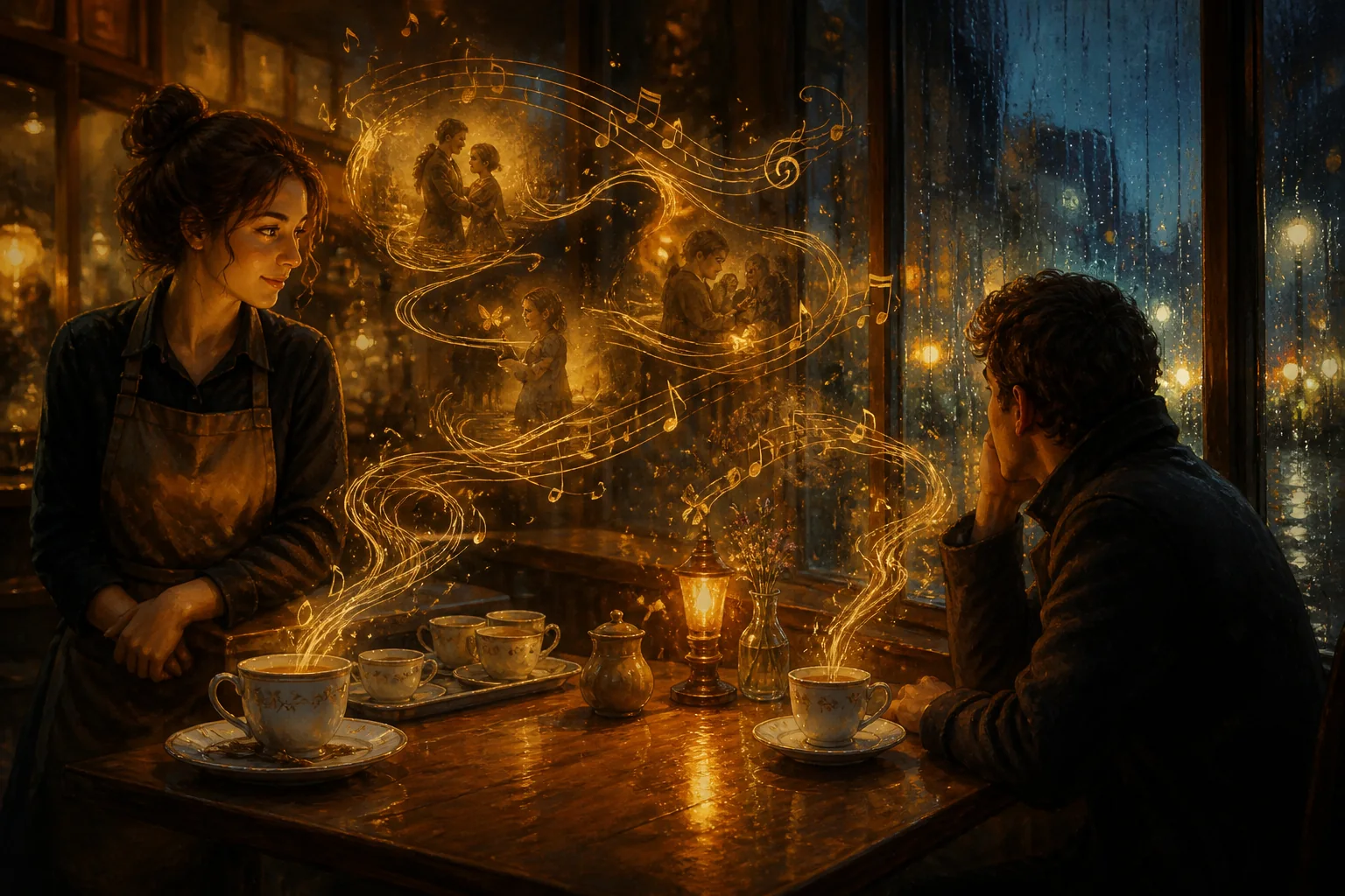 Ein stilles Café mit schwebenden Teetassen, aus denen goldene Klänge steigen