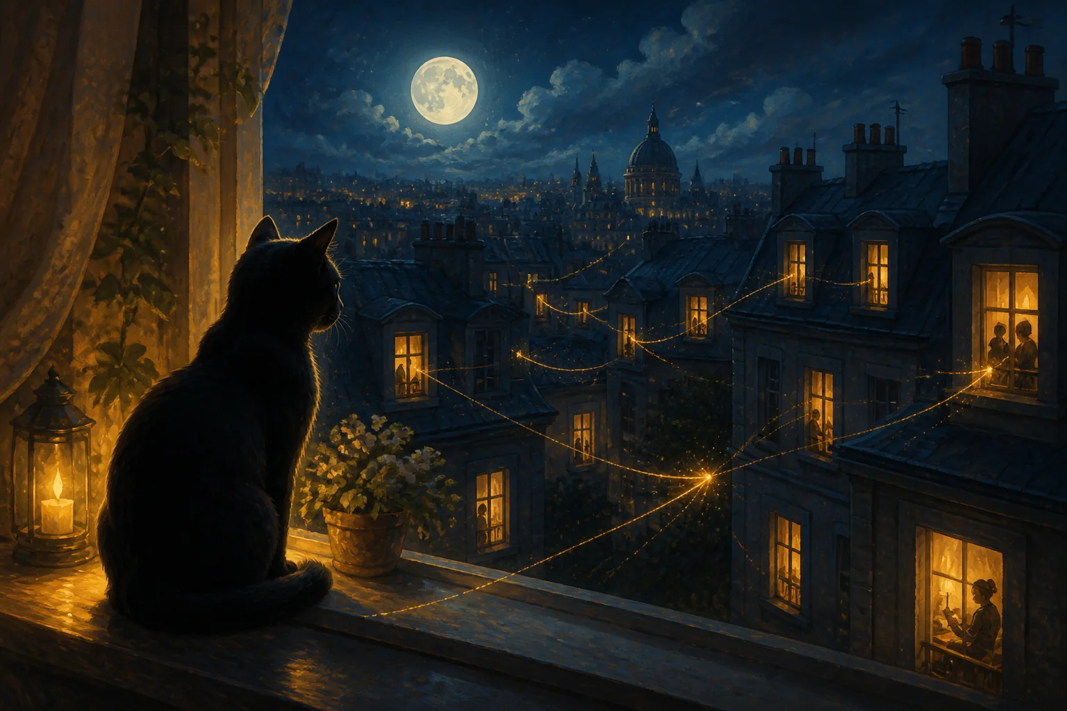 Eine schwarze Katze sitzt bei Mitternacht in einem leuchtenden Fenster über den Dächern