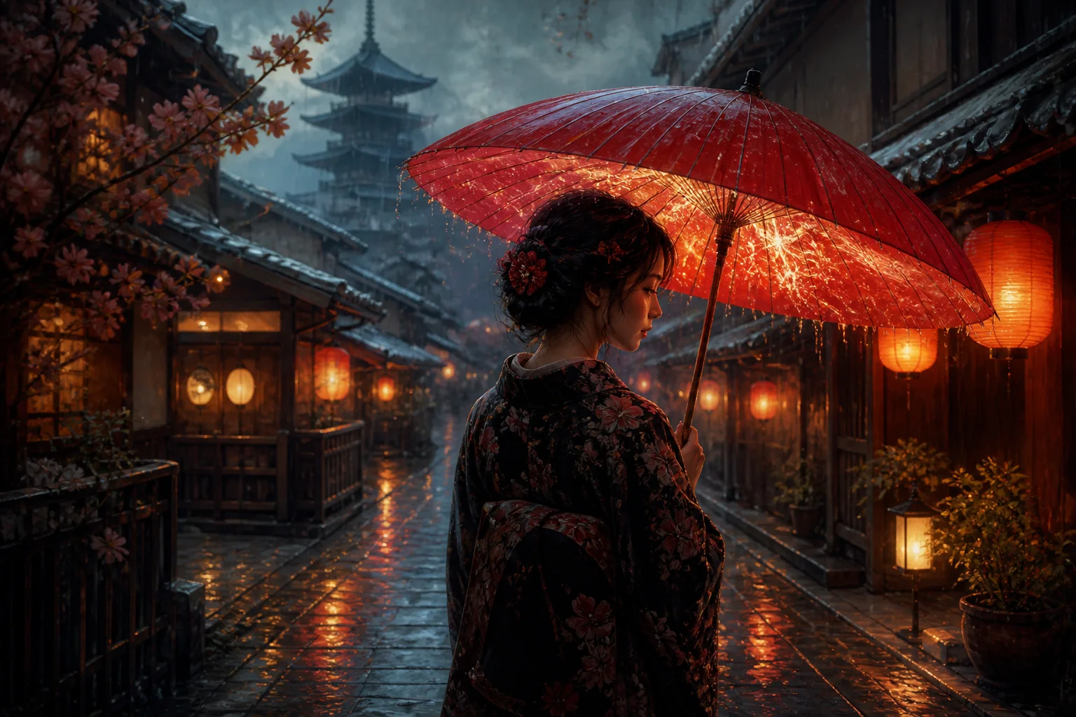 Eine Frau mit rotem Regenschirm in einer regennassen Gasse von Kyoto
