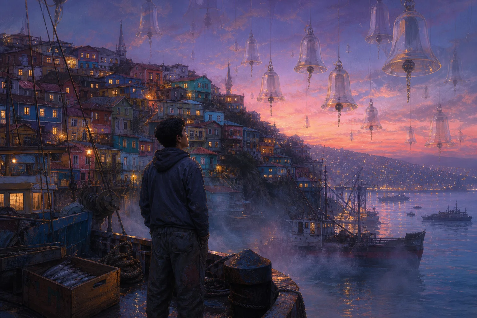Bunte Häuser von Valparaíso und leuchtende unsichtbare Glocken über dem Hafen